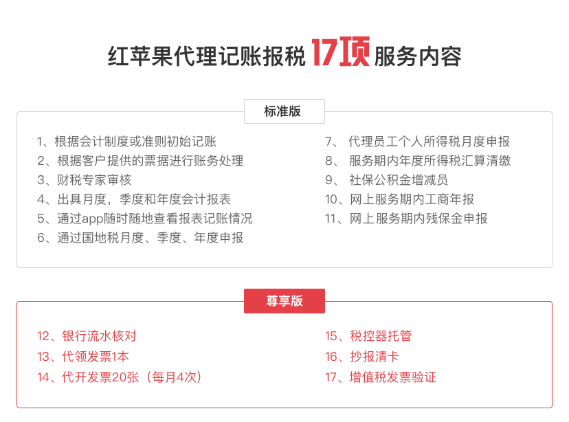 红苹果财务代理记账报税17项服务内容